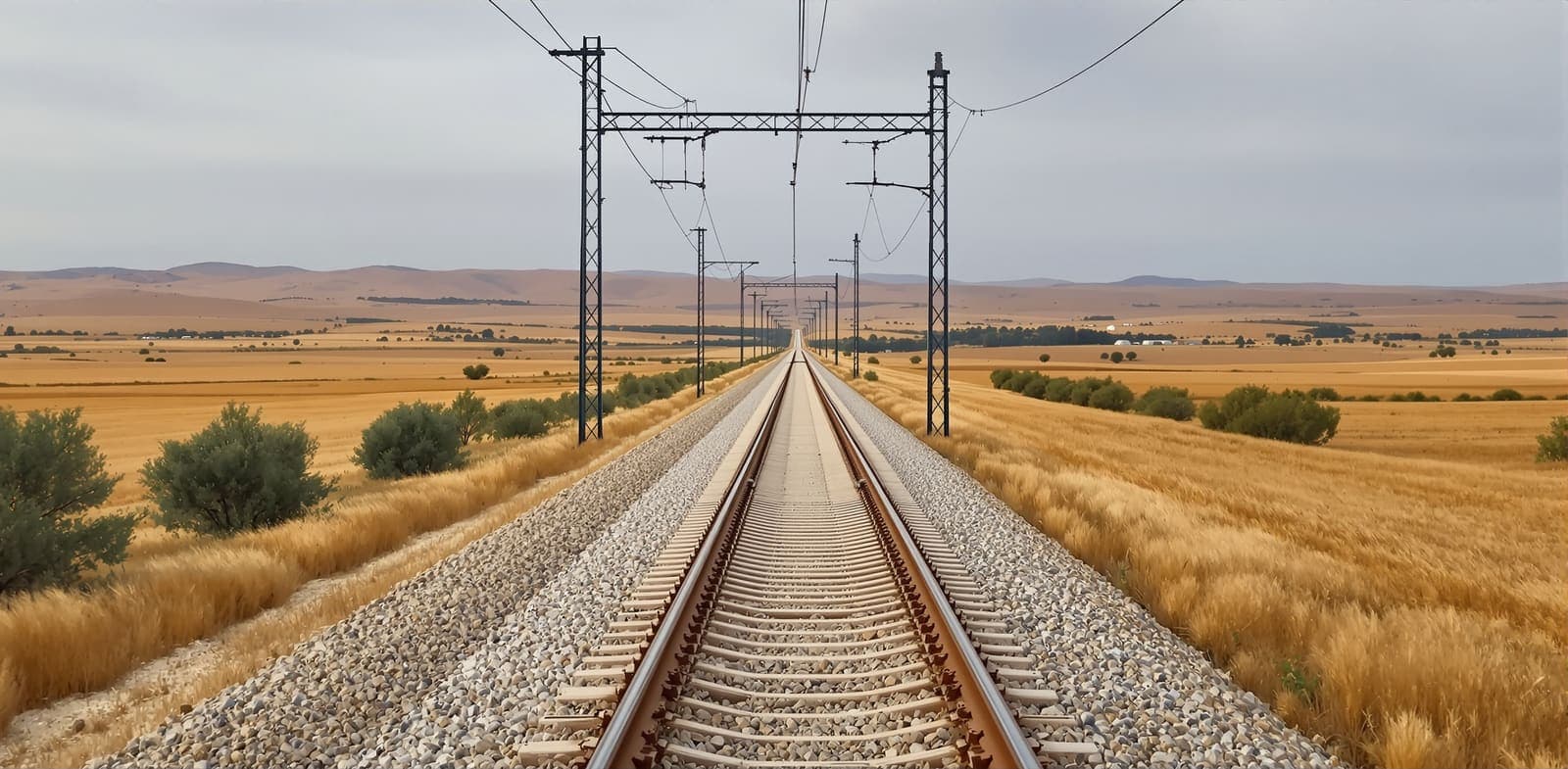 Illustration of an empty high-speed railway line crossing the dry plains of Toledo province, Spain, under a quiet overcast dawn sky.