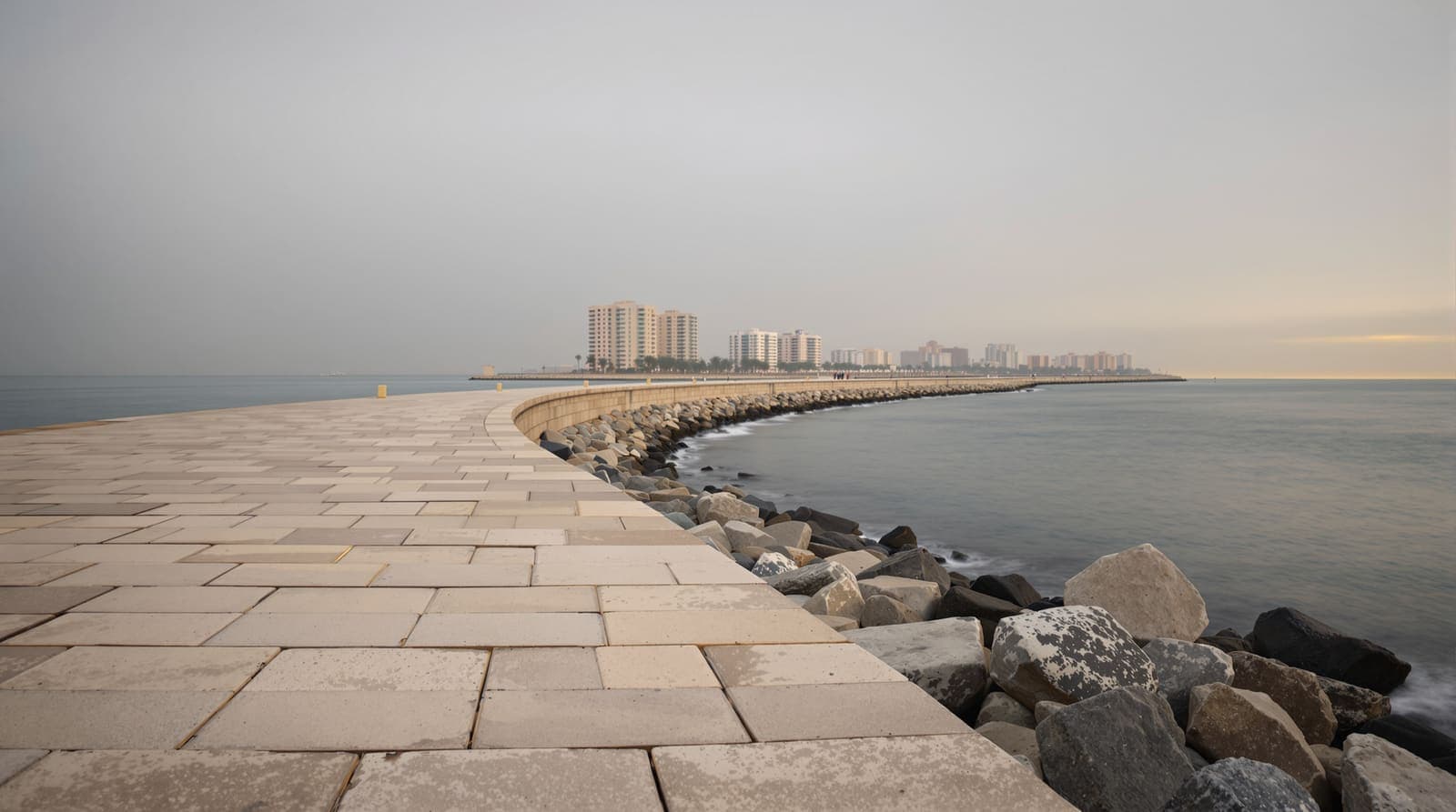 Illustration of the Alexandria corniche seawall and Mediterranean shoreline under a hazy, overcast dawn sky