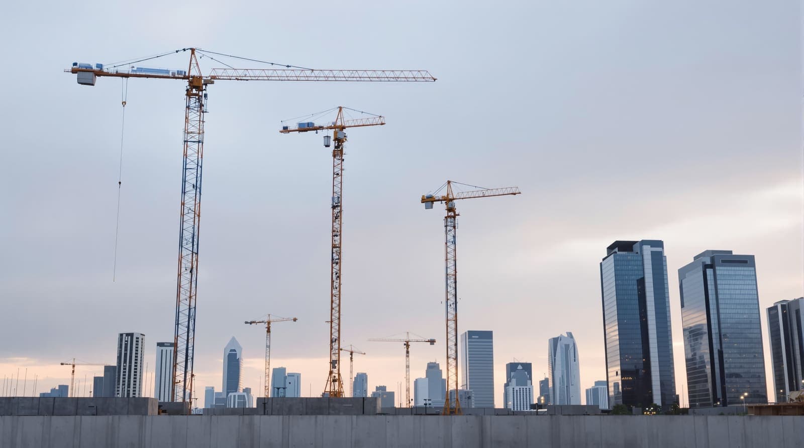 Illustration of tower cranes standing over a quiet high-rise construction site among office towers in Ramat Gan at dusk.