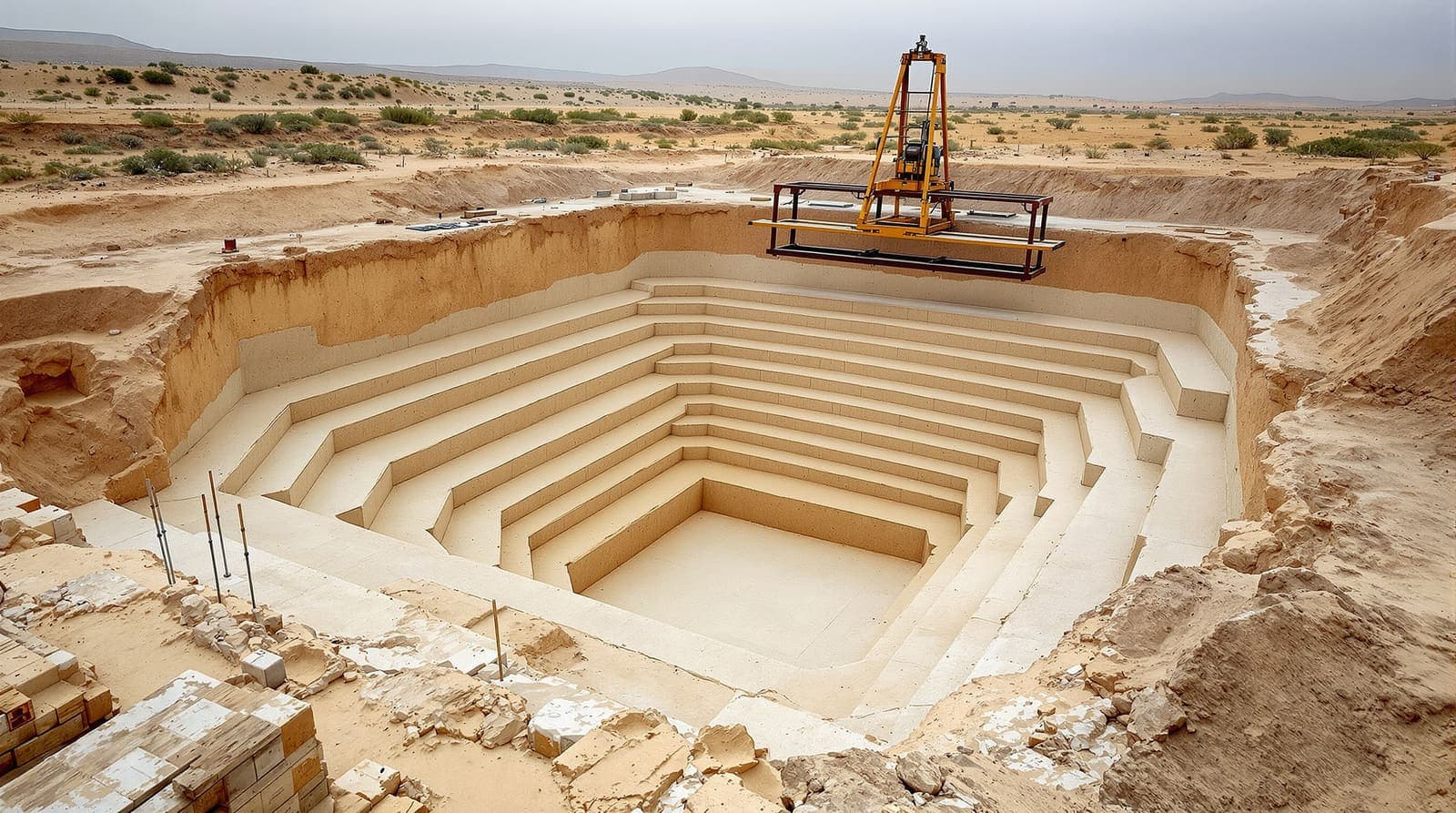 Illustration of an ancient stone stepped ritual bath exposed in an excavation trench under a lifting frame in southern Israel.