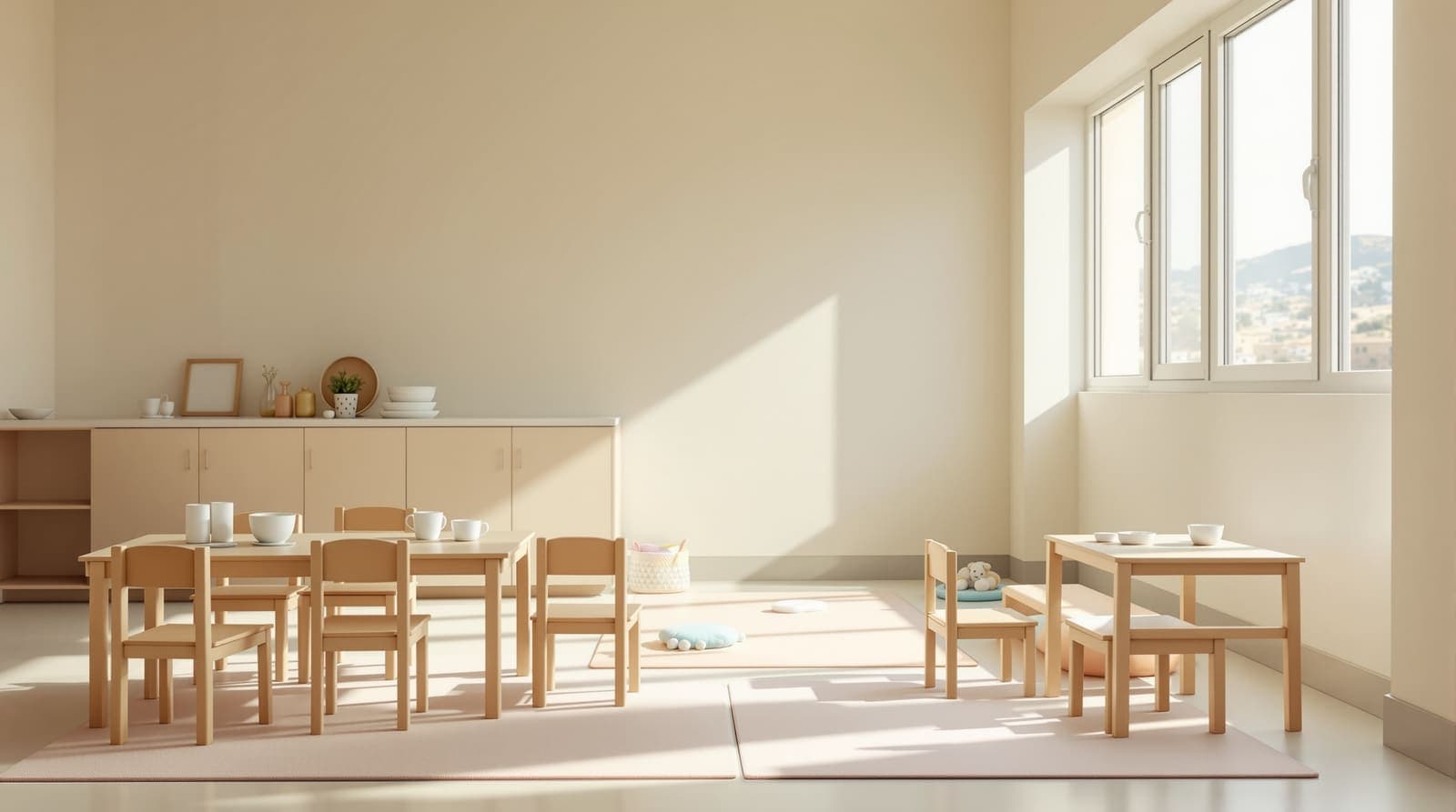 Illustration of an empty daycare room with small tables and chairs in a limestone building in Betar Illit, in soft morning light.