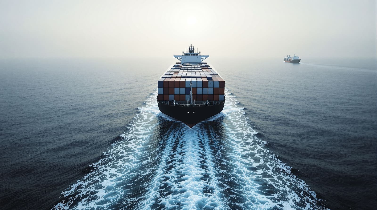 Illustration of a distant container ship crossing open ocean at hazy dawn, seen from far astern with a long wake and an unbroken horizon.