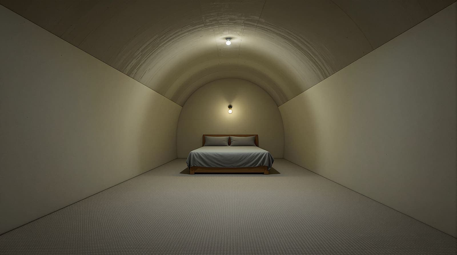 Illustration of an empty underground concrete chamber with a carpet and a plain bed, lit by a single bulb at the end of a tunnel.