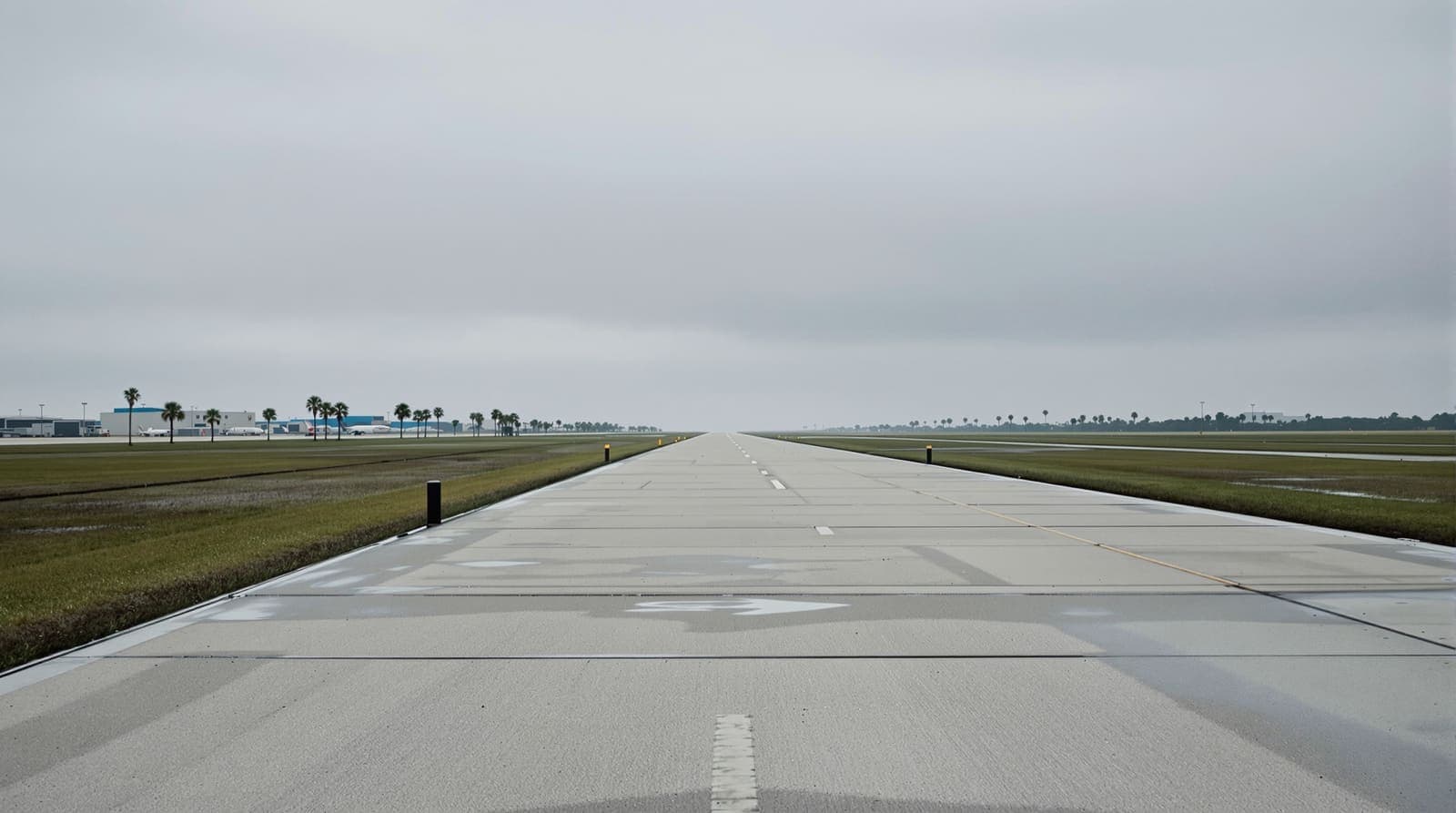 Illustration of an empty airport runway stretching under a flat overcast sky, with grass verge, puddles and distant hangars.