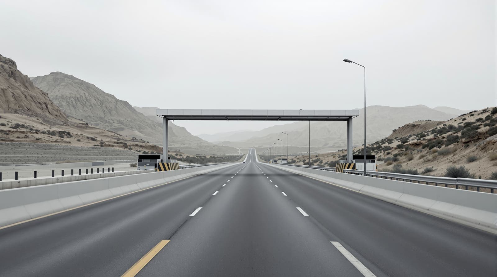 Illustration of an empty highway checkpoint with concrete barriers on a West Bank road at dawn, limestone hills beyond.