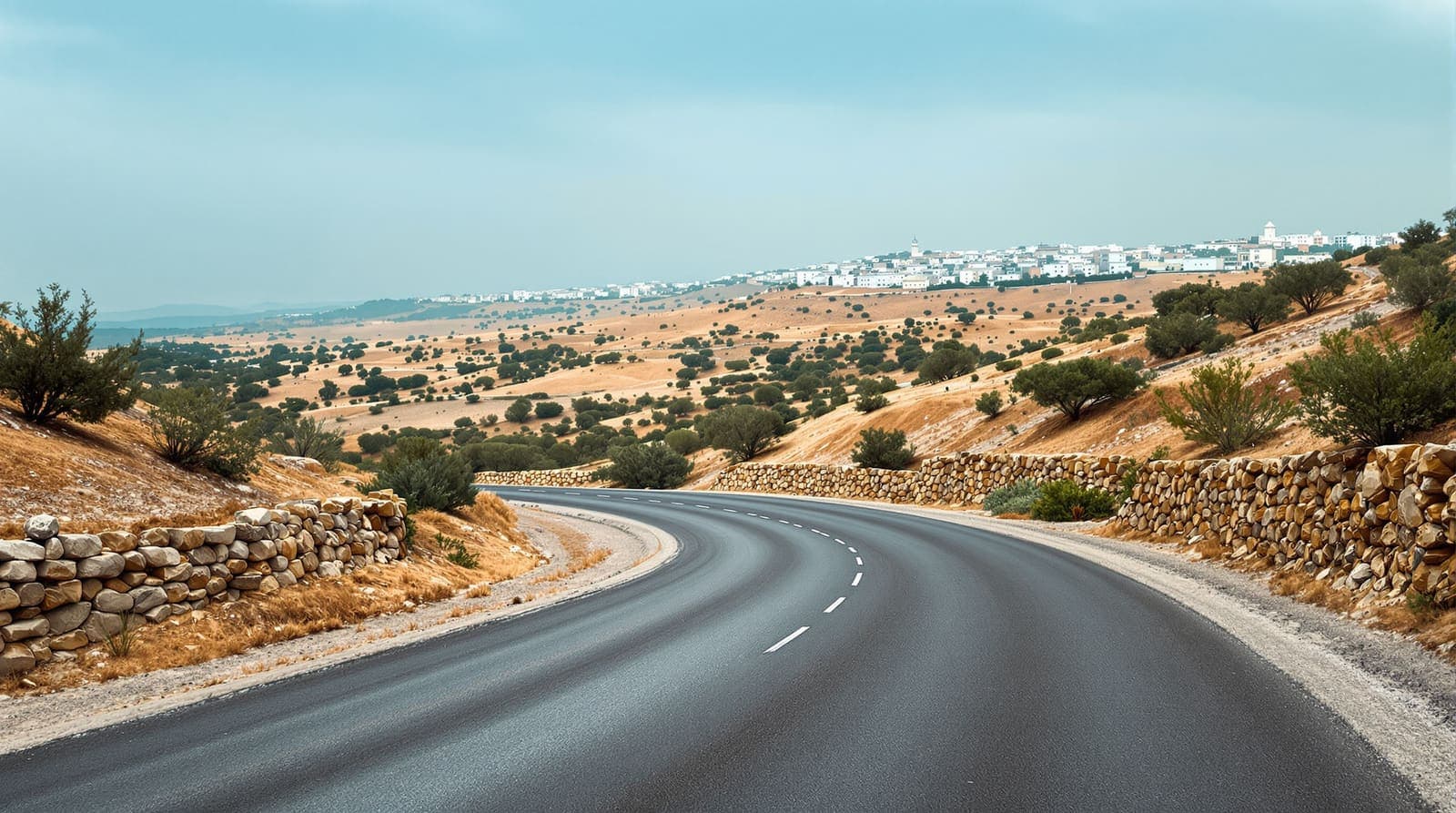 Illustration of an empty hill road winding through olive terraces toward a distant West Bank town at dawn.