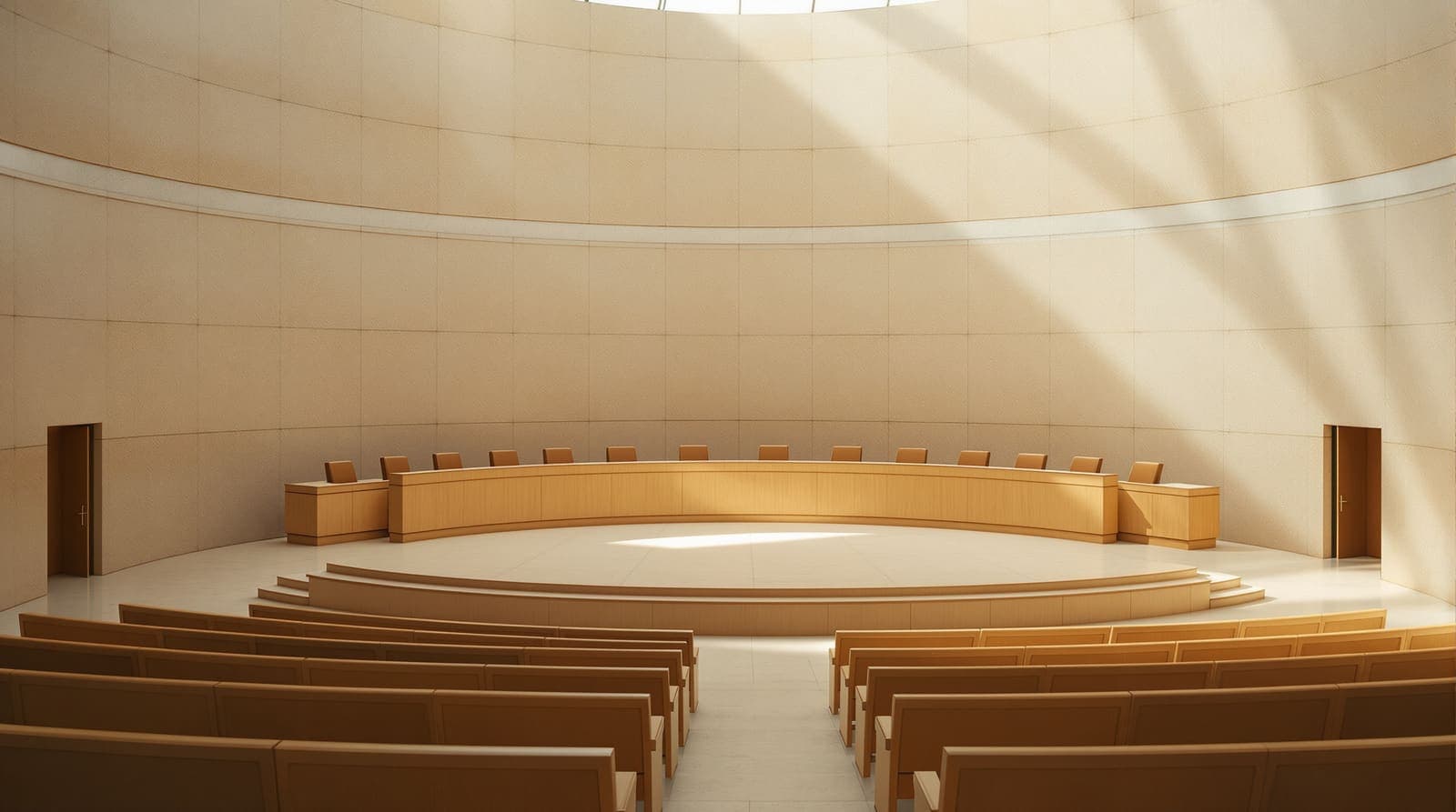 Illustration of an empty court hearing hall with a curved wooden judges' bench and pale limestone wall, seen from the public gallery in soft daylight.