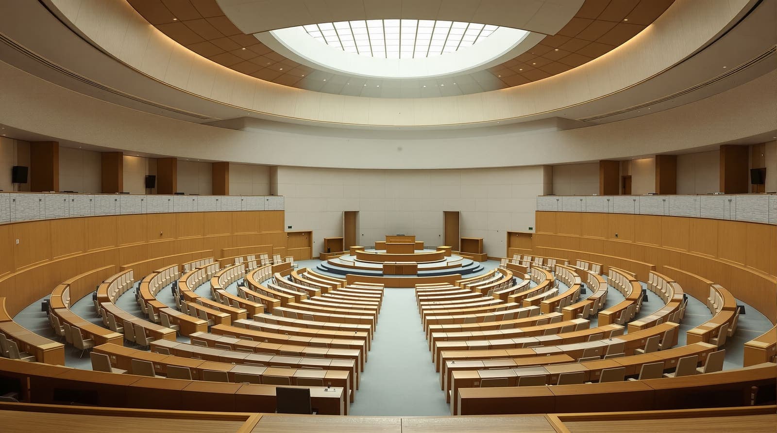 Illustration of an empty parliamentary chamber with tiered desks and a raised rostrum under soft skylight, seen from the gallery.