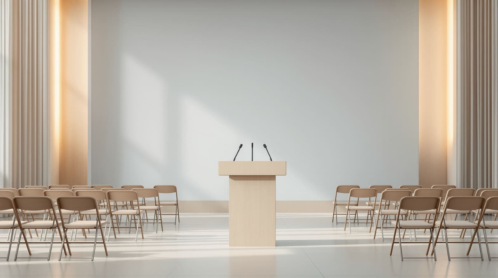 Illustration of an empty press conference podium with microphones before rows of vacant chairs in a quiet hall in Ramat Gan.