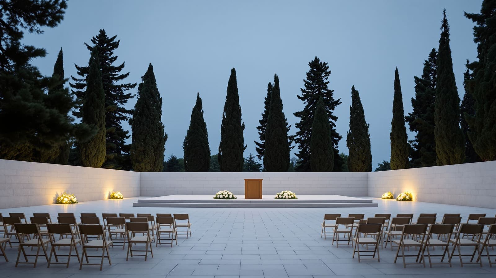 Illustration of an empty memorial stage with white wreaths and vacant chairs among pines on Mount Herzl at dusk