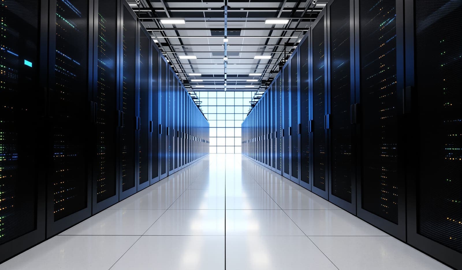 Illustration of a long, empty aisle of server racks with small status lights in a quiet data centre under cool morning light.