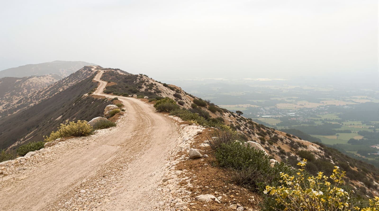 Illustration of an empty hiking trail on a scrubby limestone ridge overlooking a hazy green valley in northern Israel