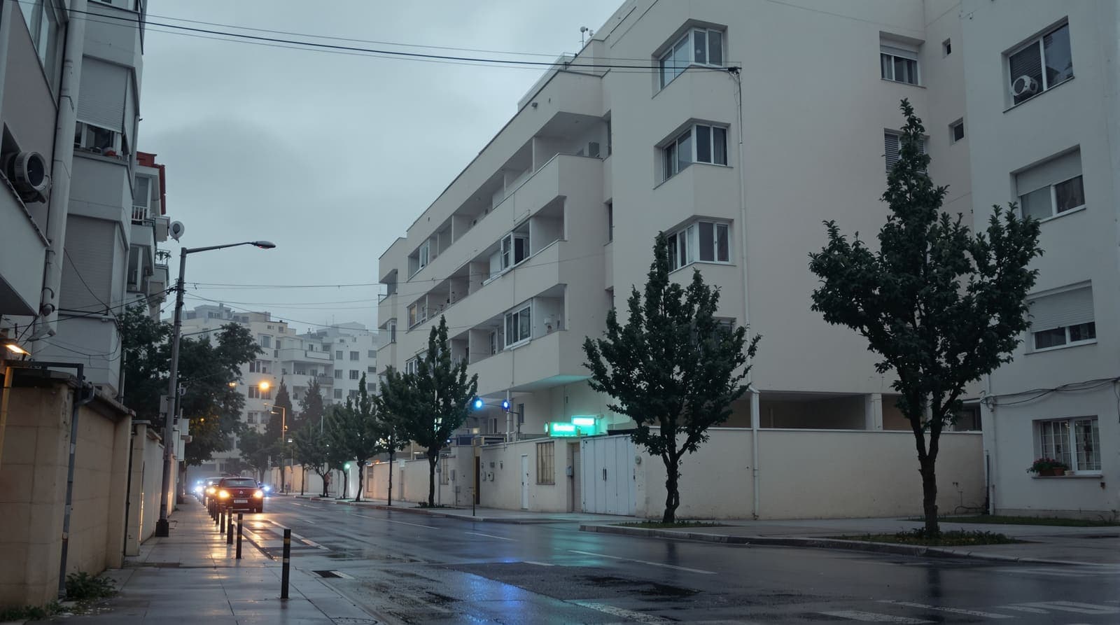 Illustration of a pale concrete apartment block on a quiet Bnei Brak street at dawn, with thin haze and blue light on its facade.