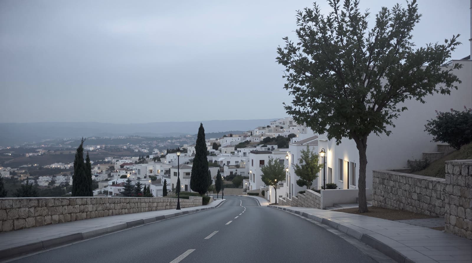 Illustration of a quiet hillside street of pale limestone apartment blocks in a town south-west of Jerusalem at dusk.