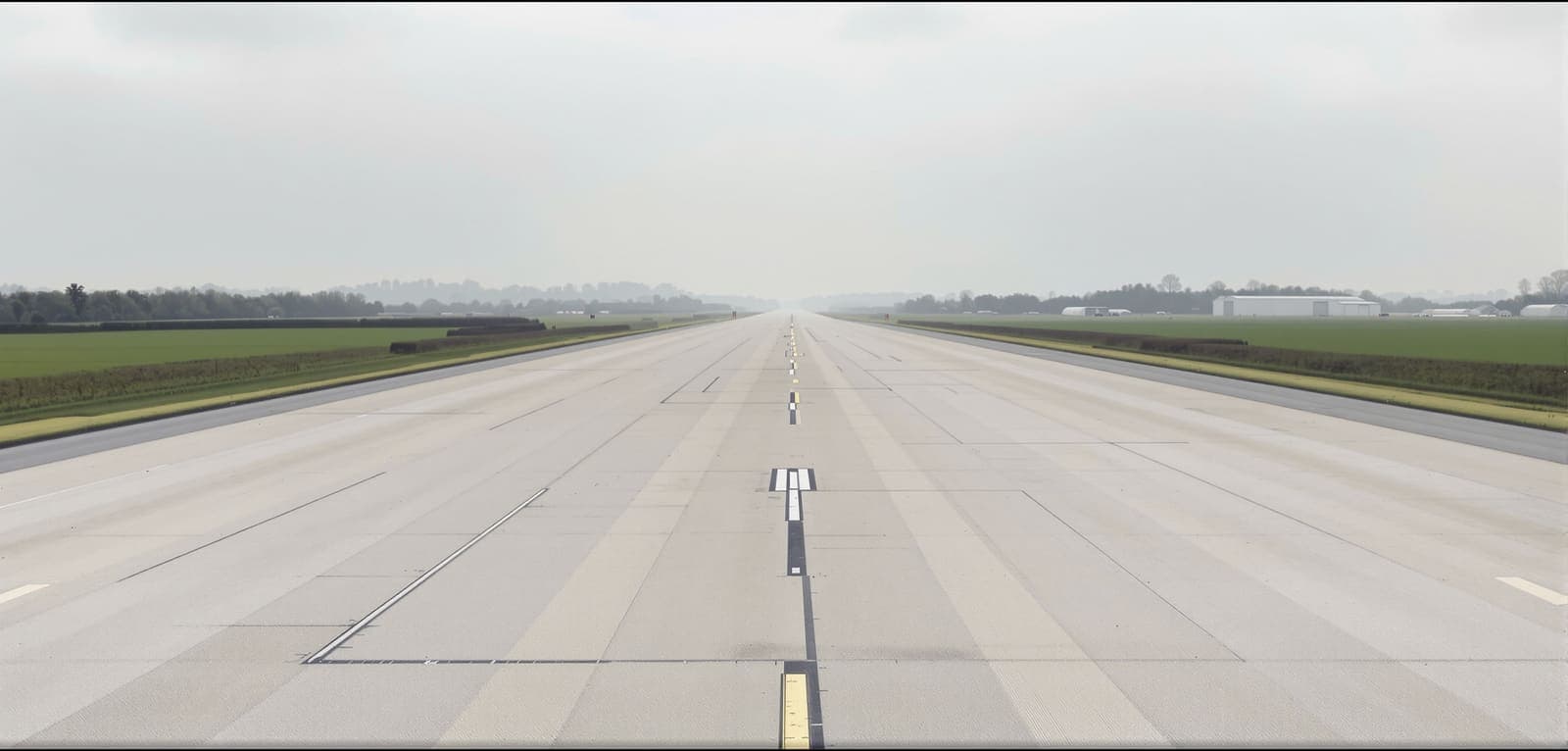 Illustration of an empty concrete runway at a rural English air base, stretching toward distant hangars under an overcast sky.