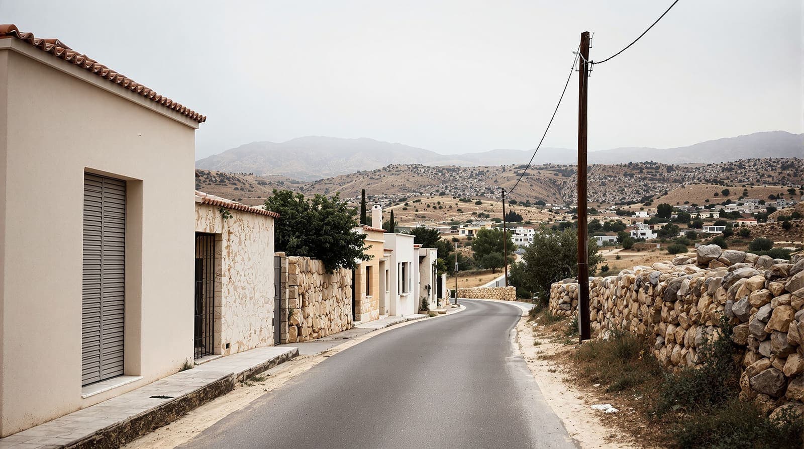 Illustration of an empty stone village lane among olive terraces in the hills near Ramallah at dawn under soft haze.