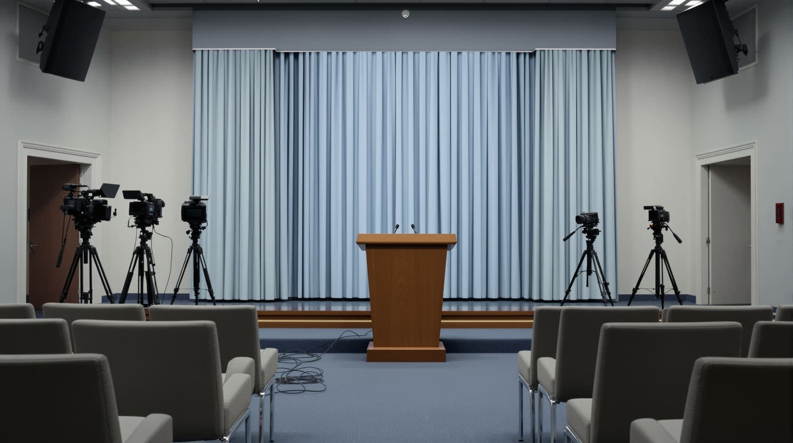 Illustration of an empty White House-style briefing room with a bare lectern, vacant press seats and idle cameras.