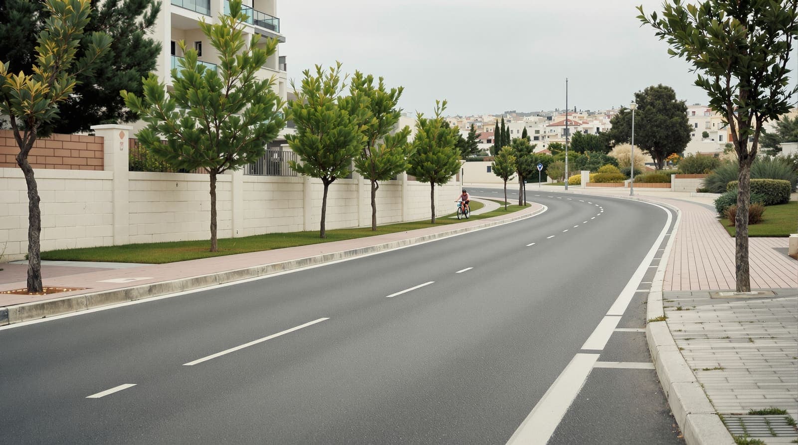 Illustration of a quiet multi-lane coastal road with a cycle lane in central Israel under soft overcast dawn light.