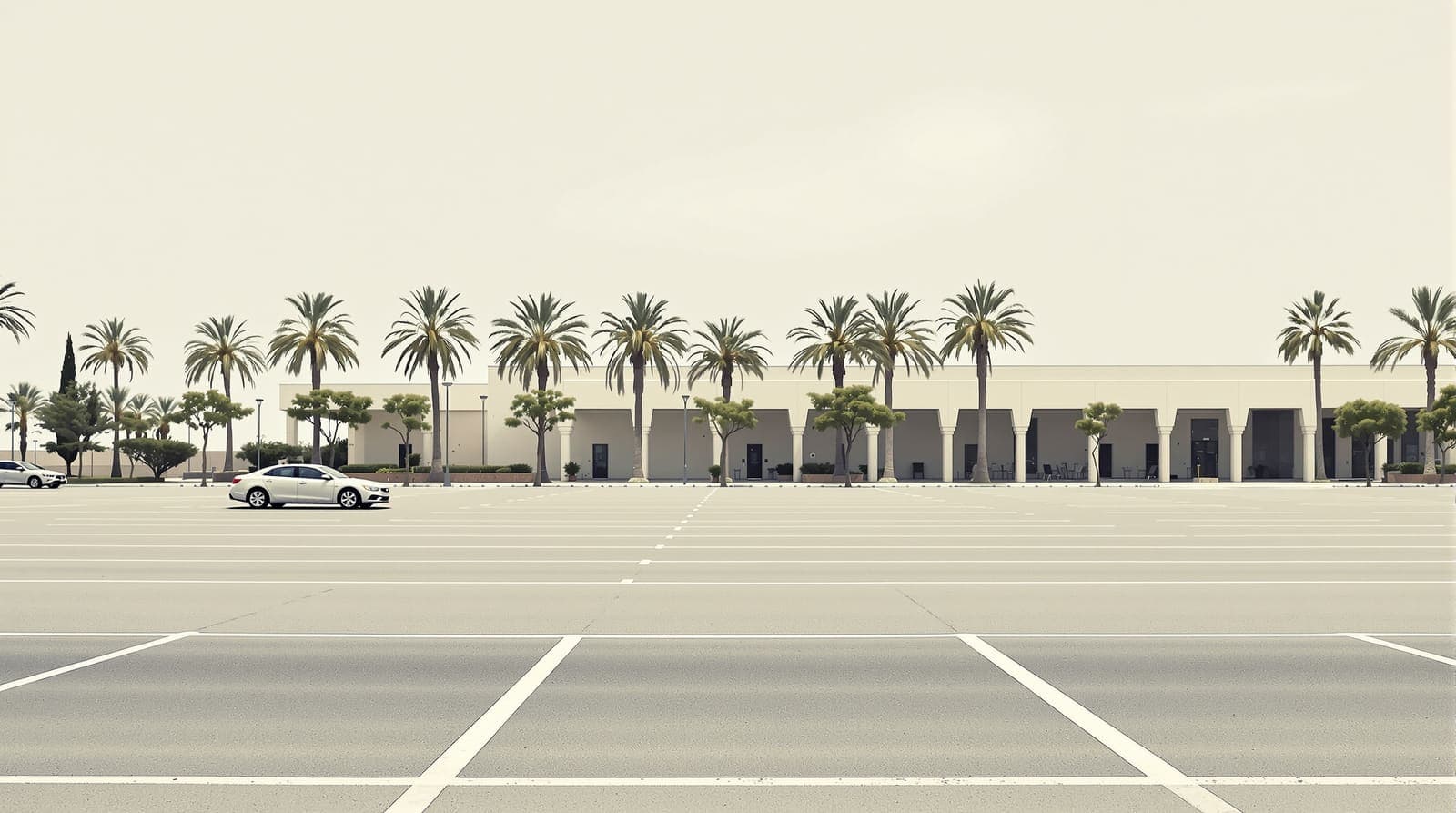 Illustration of a quiet open-air shopping center car park in Ashdod with parked cars, palms and a low pale concrete building.