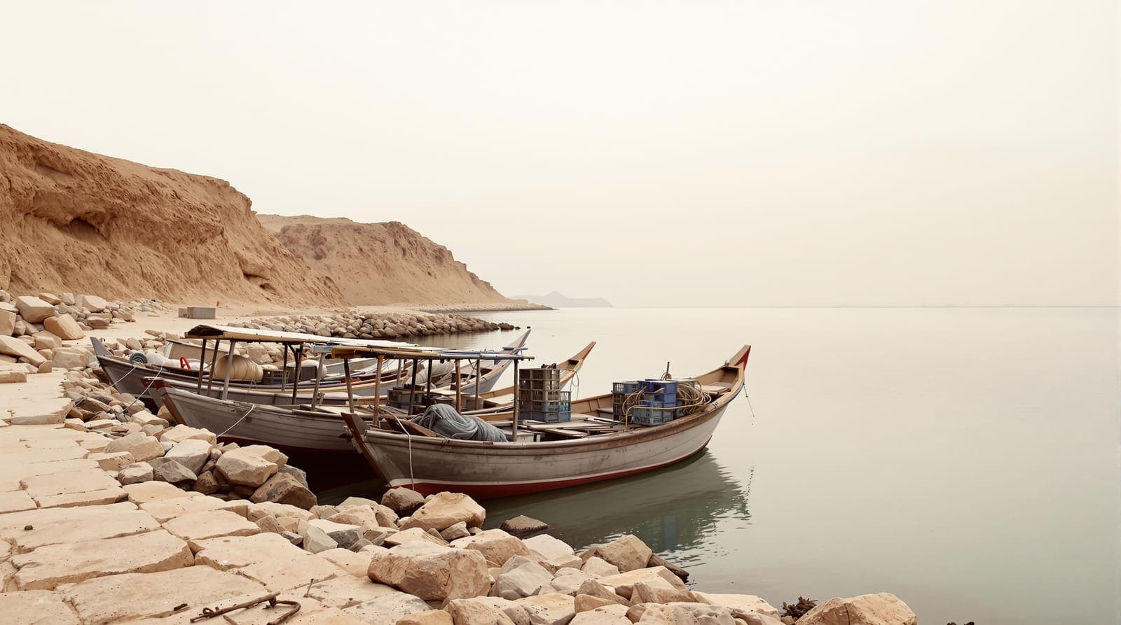 Illustration of wooden fishing boats moored at a quiet stone jetty on Qeshm Island's rocky shore under a soft dawn sky.