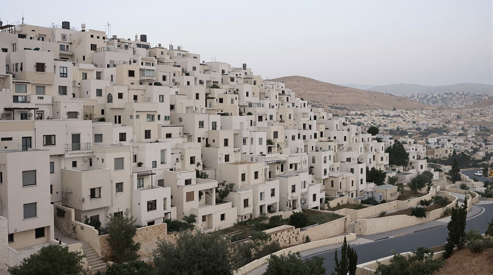 Illustration of a densely built hillside neighbourhood of pale concrete apartment blocks north of Jerusalem under an overcast dawn sky