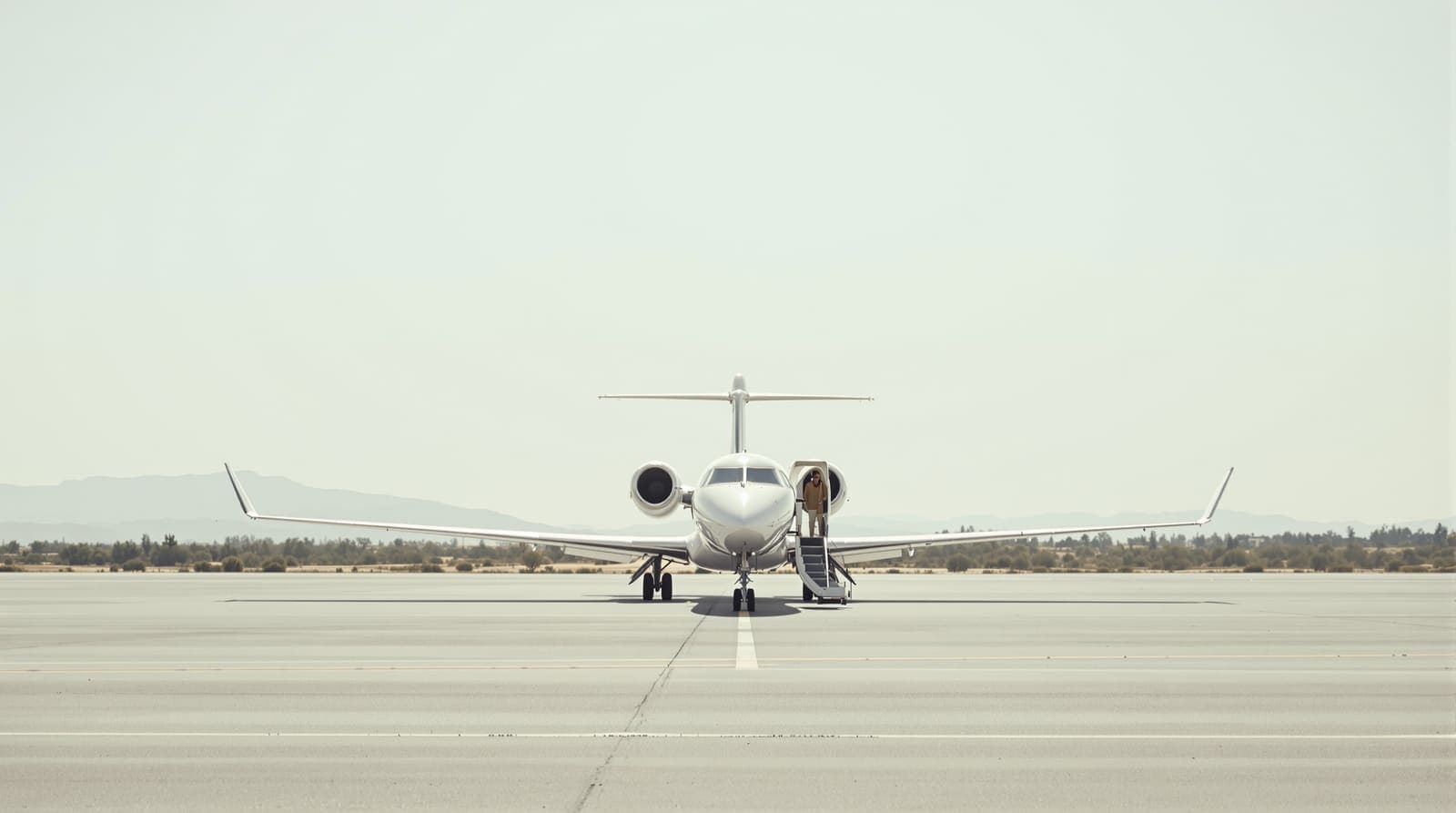 Illustration of a small white executive jet parked on a quiet airport apron under a hazy morning sky