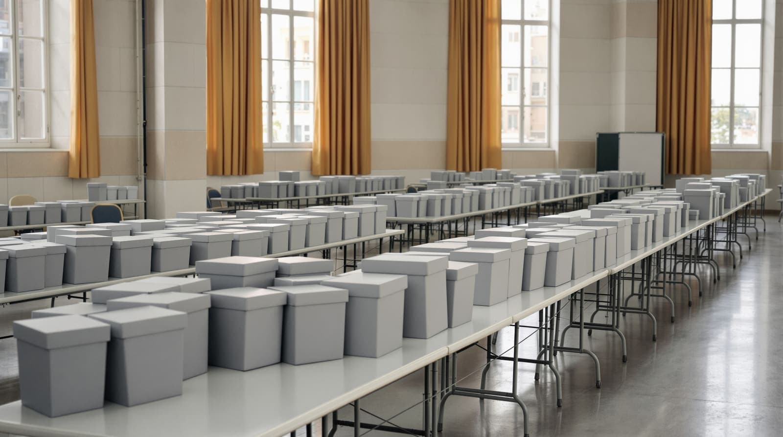 Illustration of sealed ballot boxes stacked on tables in a quiet, empty vote-counting hall with pale stone walls.