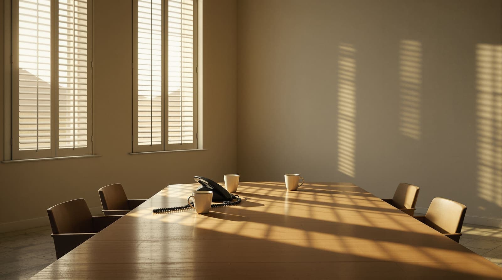 Illustration of an empty stone meeting room at dawn with a plain table, a telephone and vacant chairs.