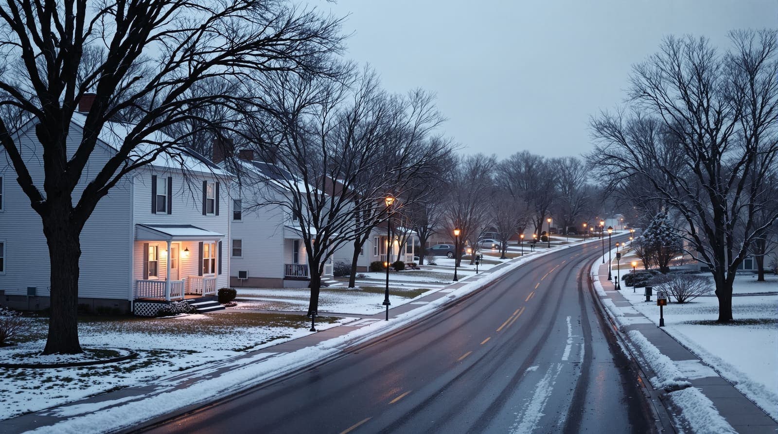 Illustration of a quiet residential street of Minneapolis houses under a grey dawn sky, seen from across a park.