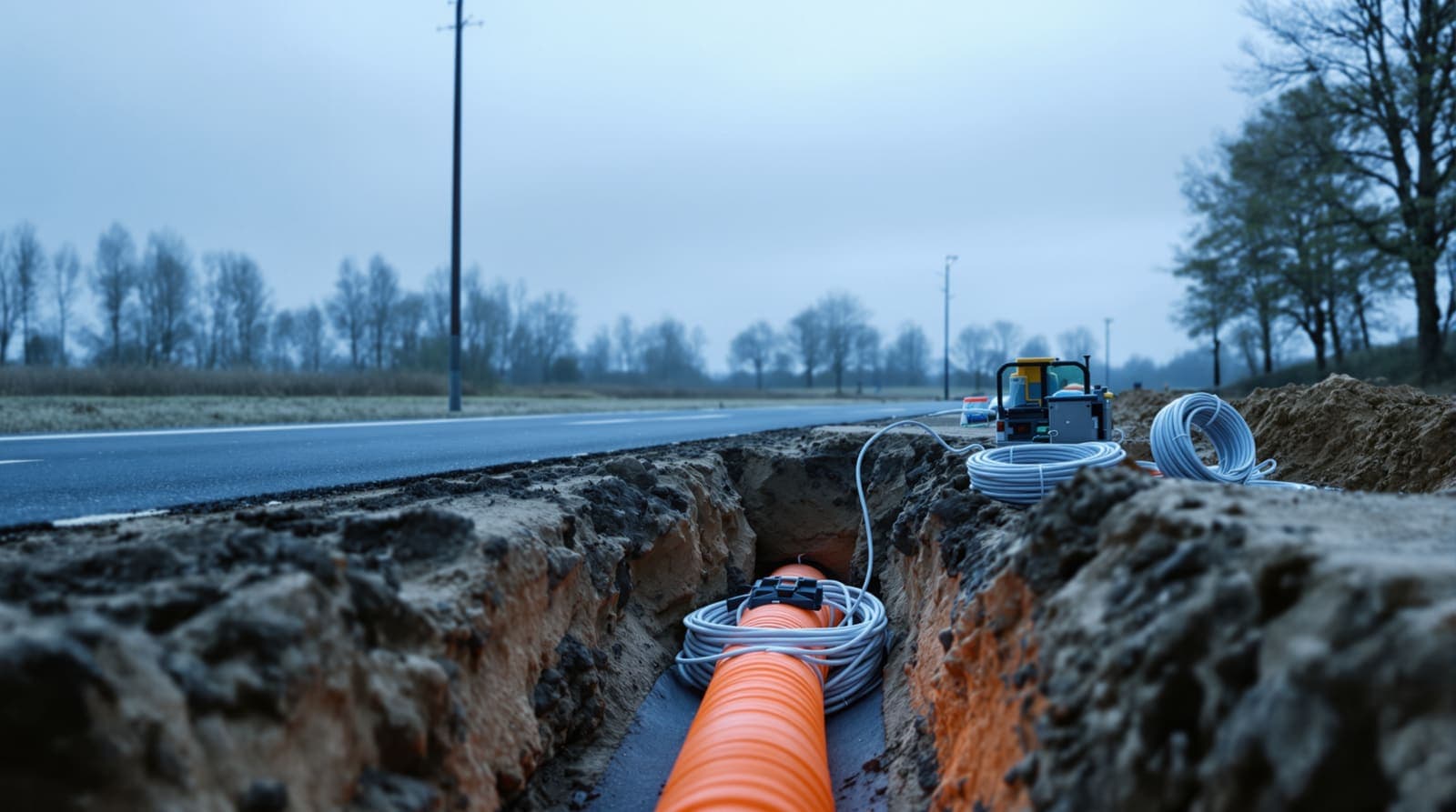 Illustration of an open roadside trench at dawn exposing fiber optic conduit and coiled cable under a pale overcast sky.