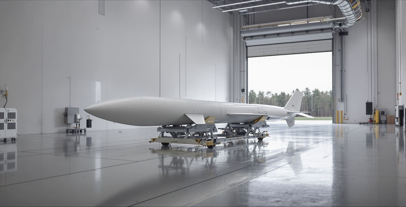 Illustration of a slender white interceptor missile on an assembly cradle inside a clean factory hall with pine woods beyond an open door.