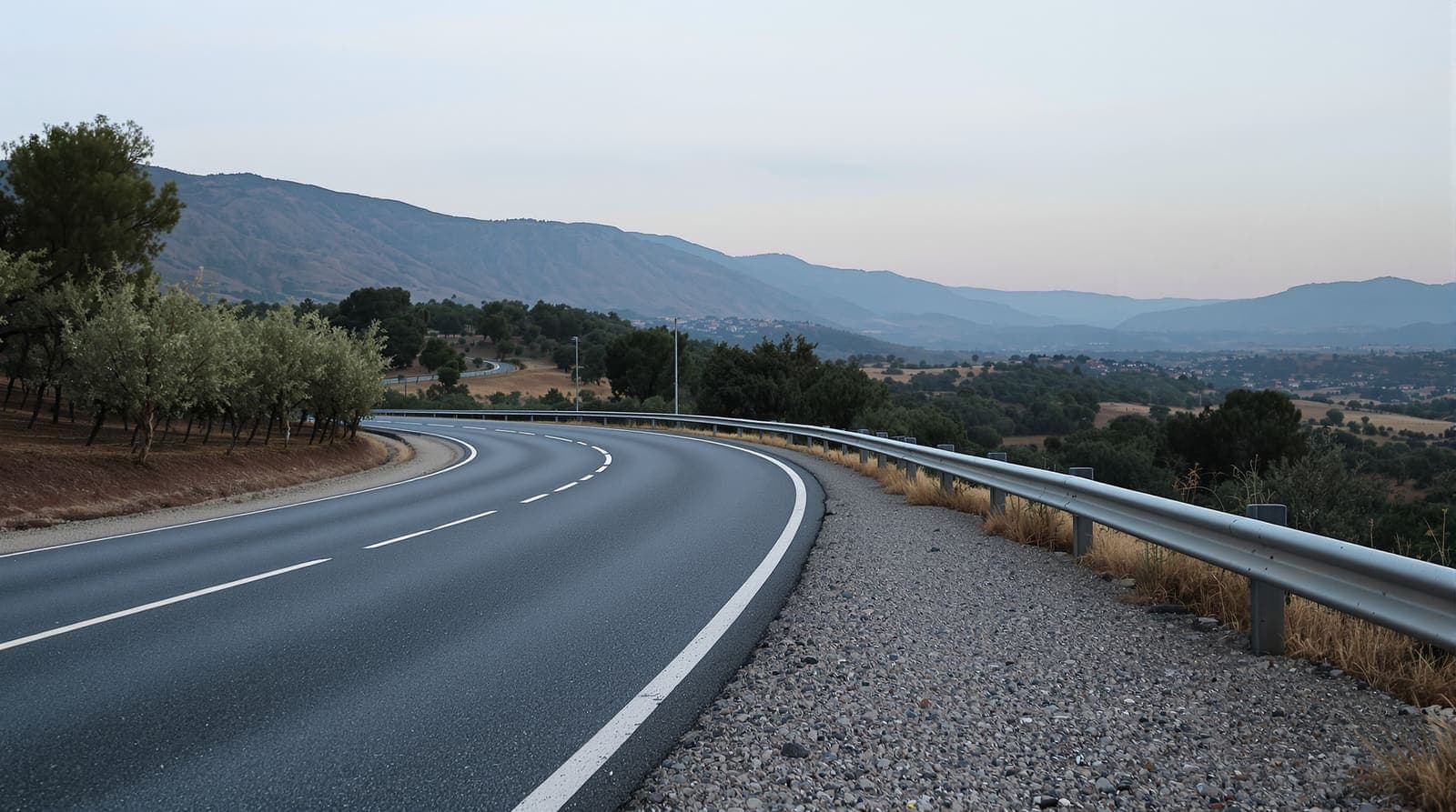Illustration of an empty rural highway curving through the Upper Galilee at dusk, with orchards and hazy hills beyond.