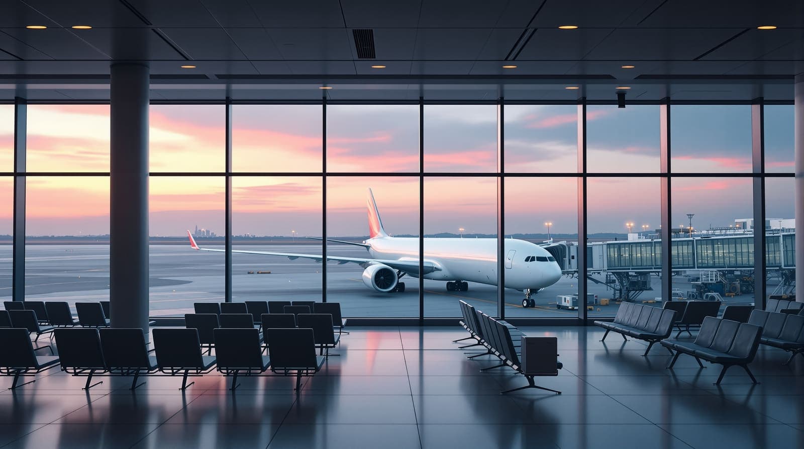 Illustration of an empty airport departure gate at dawn with a plain white airliner parked beyond tall windows over flat savanna.