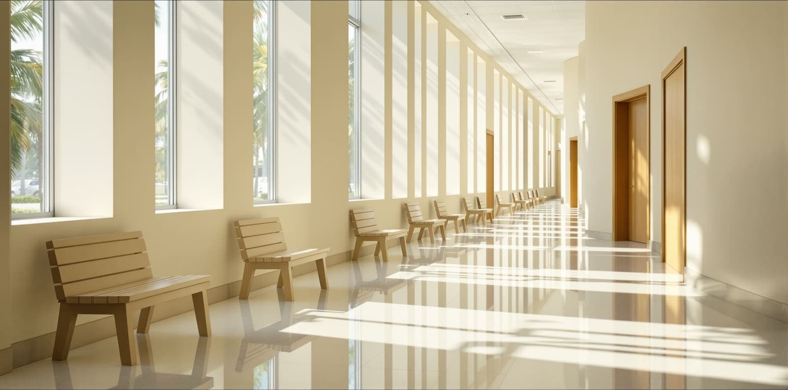 Illustration of an empty courthouse corridor in Florida with wooden benches, pale stone floor and morning light through tall windows.