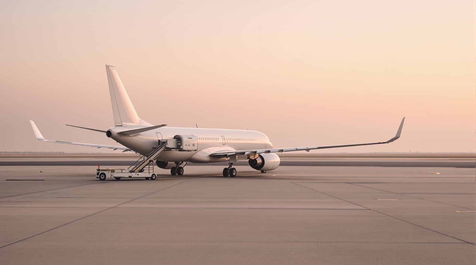 Illustration of a white airliner parked on a quiet airport apron in the Gulf at dawn, desert haze on the horizon.