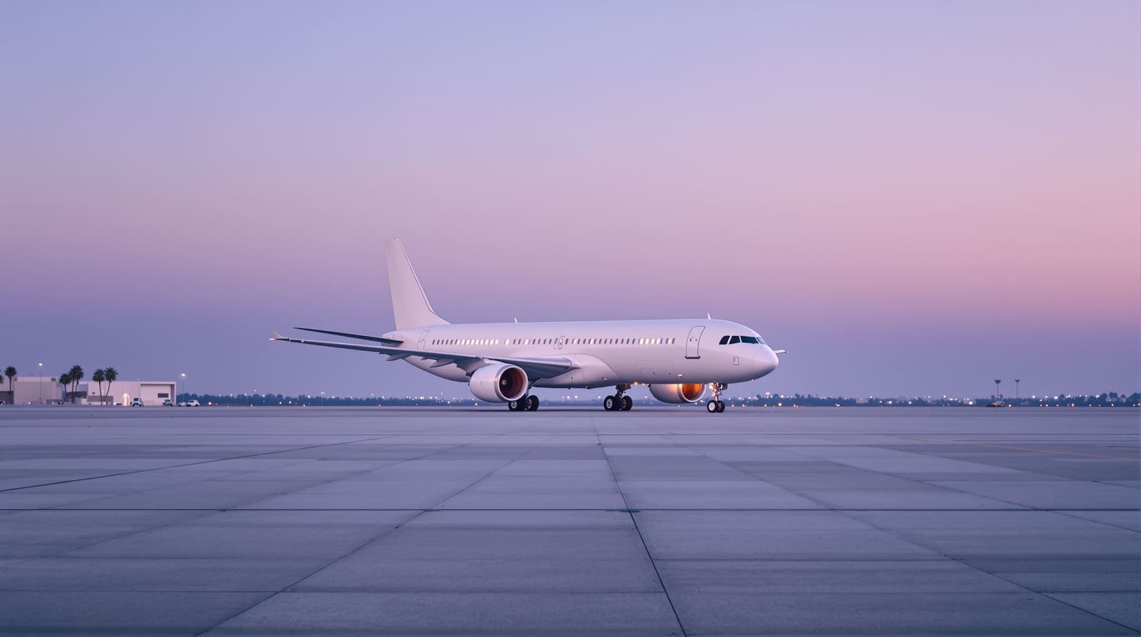 Illustration of a plain white passenger jet standing on an empty airport apron under a dusk sky.