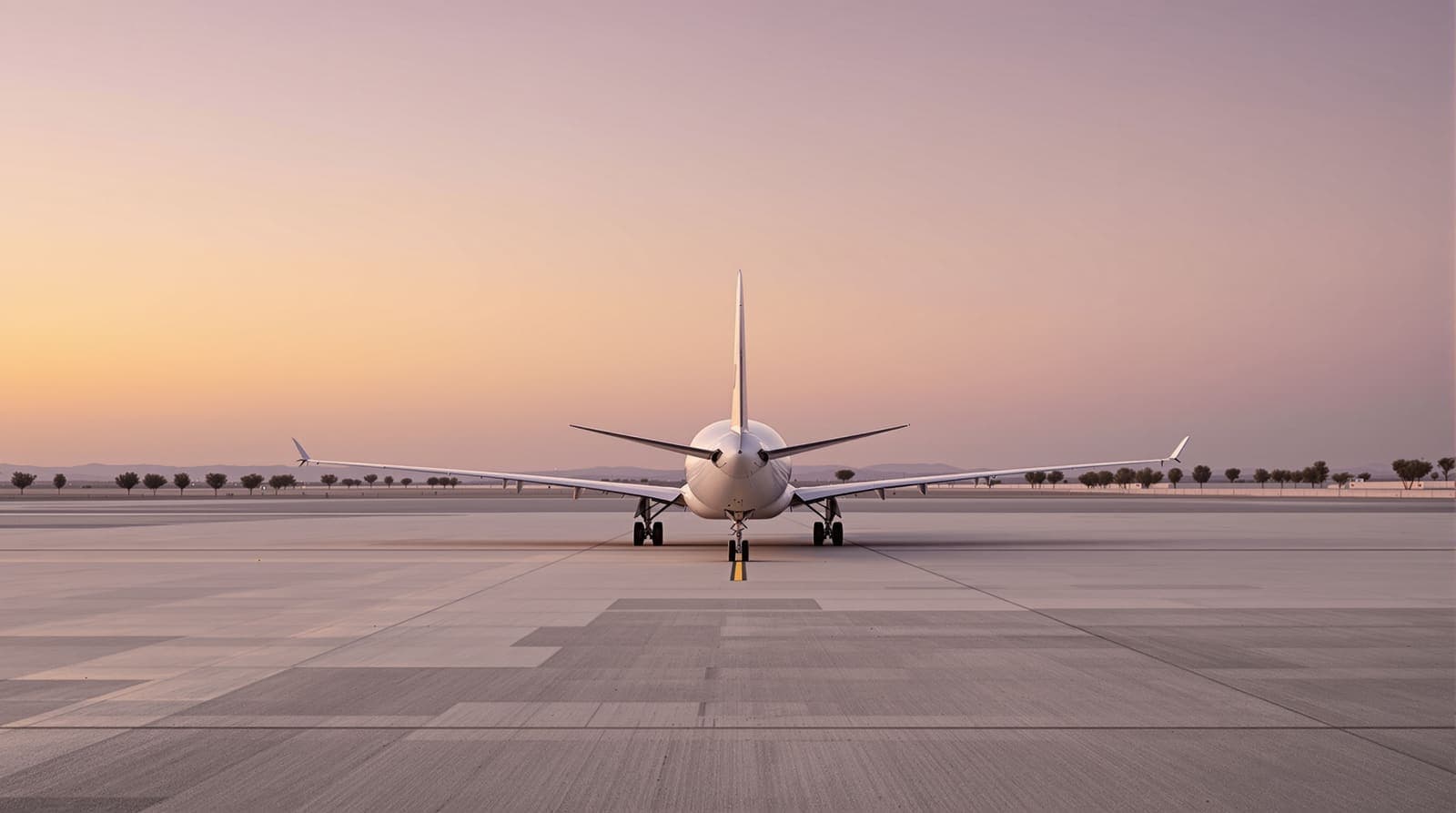 Illustration of a white passenger jet parked on an empty airport apron at dusk, with a pale terminal and eucalyptus trees beyond.