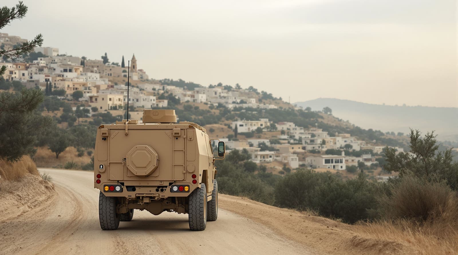 Illustration of an armoured jeep on a quiet road beside a hillside village of pale stone houses and olive groves at dawn