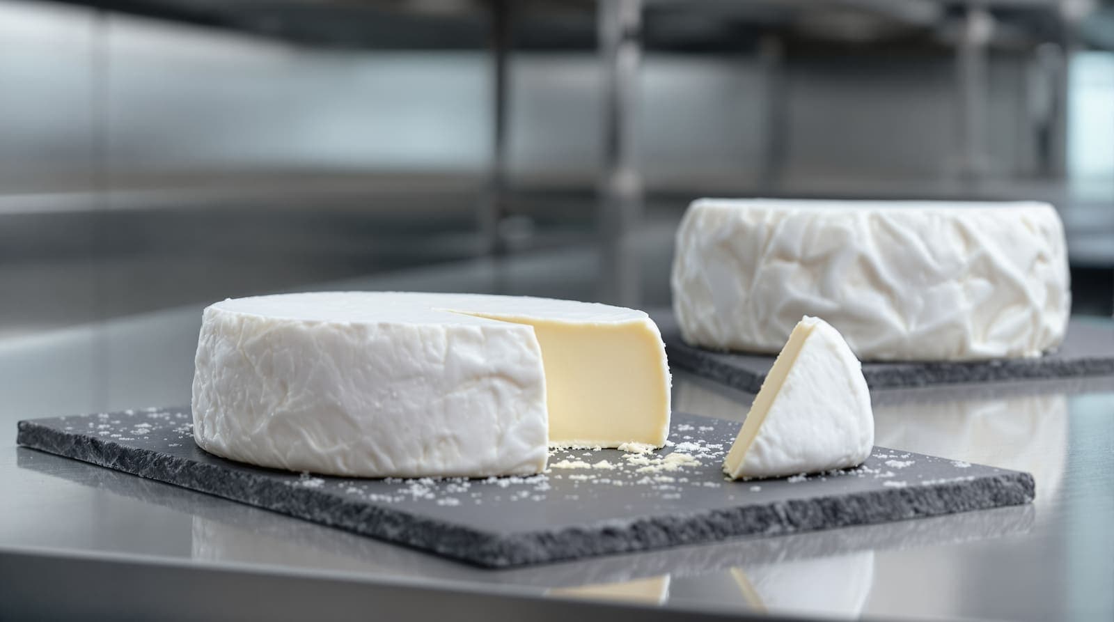 Illustration of a whole round of white-rinded camembert with one wedge cut away, resting on a slate board in a stainless-steel dairy cold room.