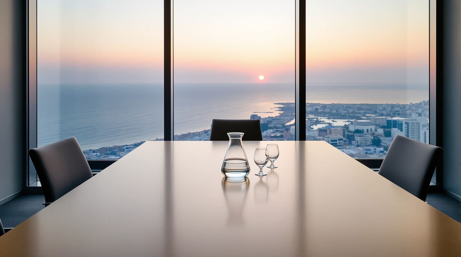Illustration of an empty Tel Aviv meeting room at dusk with two chairs pushed back from a long table before windows over the sea.