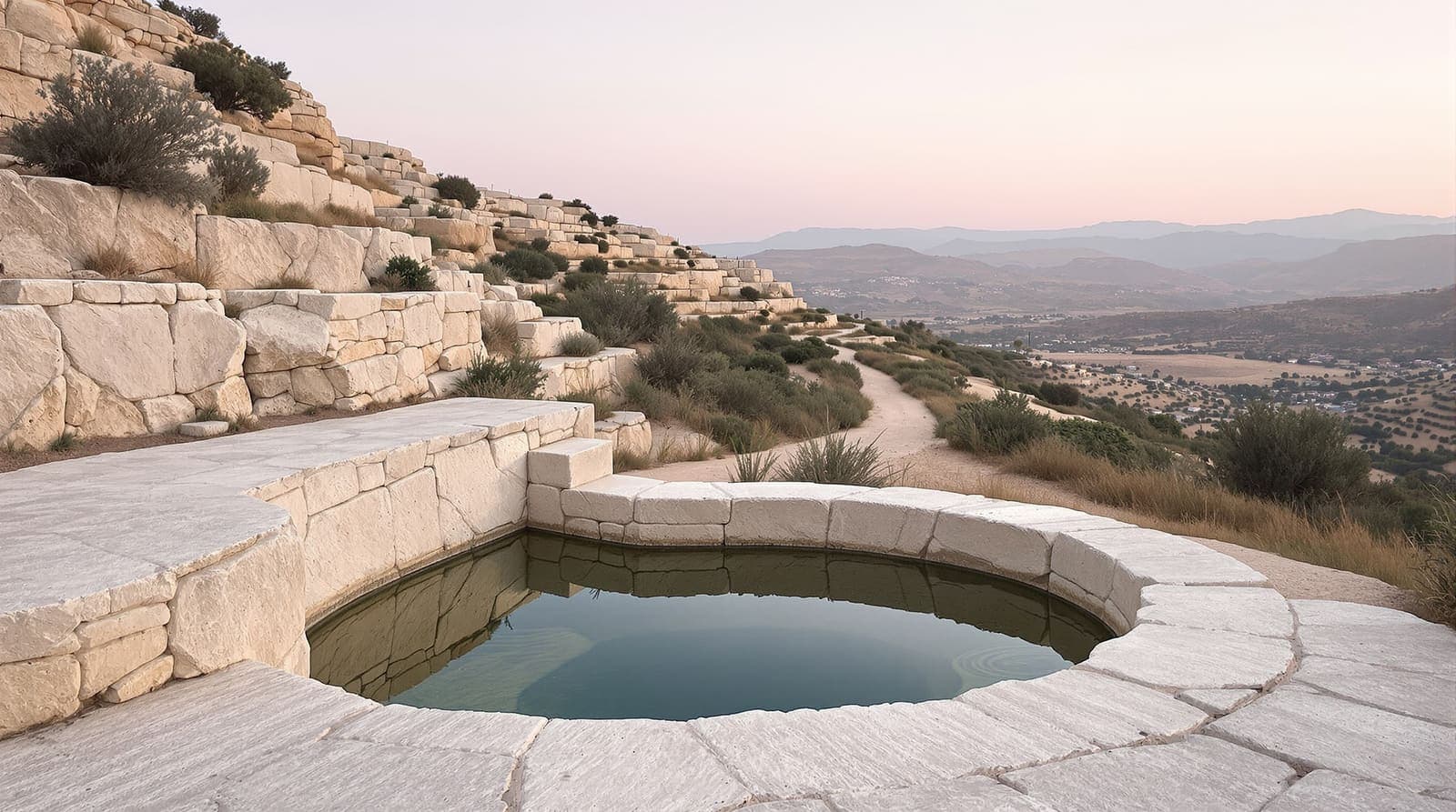 Illustration of a quiet limestone spring and olive terraces in the hills northwest of Ramallah at dawn, empty and still.