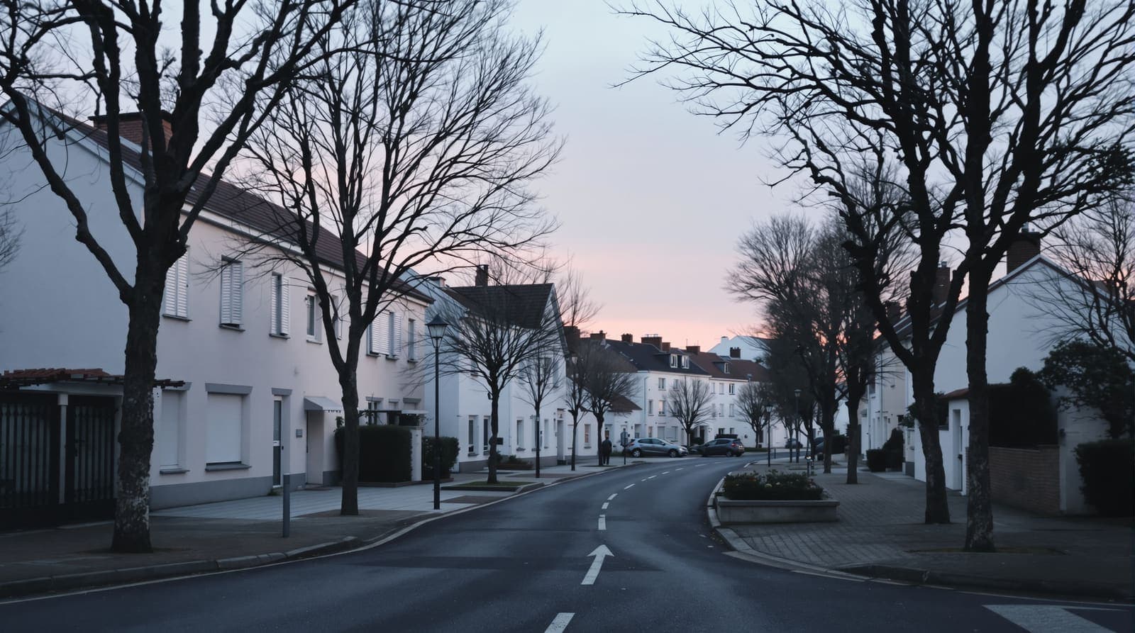 Illustration of a quiet suburban street of shuttered apartment blocks and plane trees west of Paris at dawn