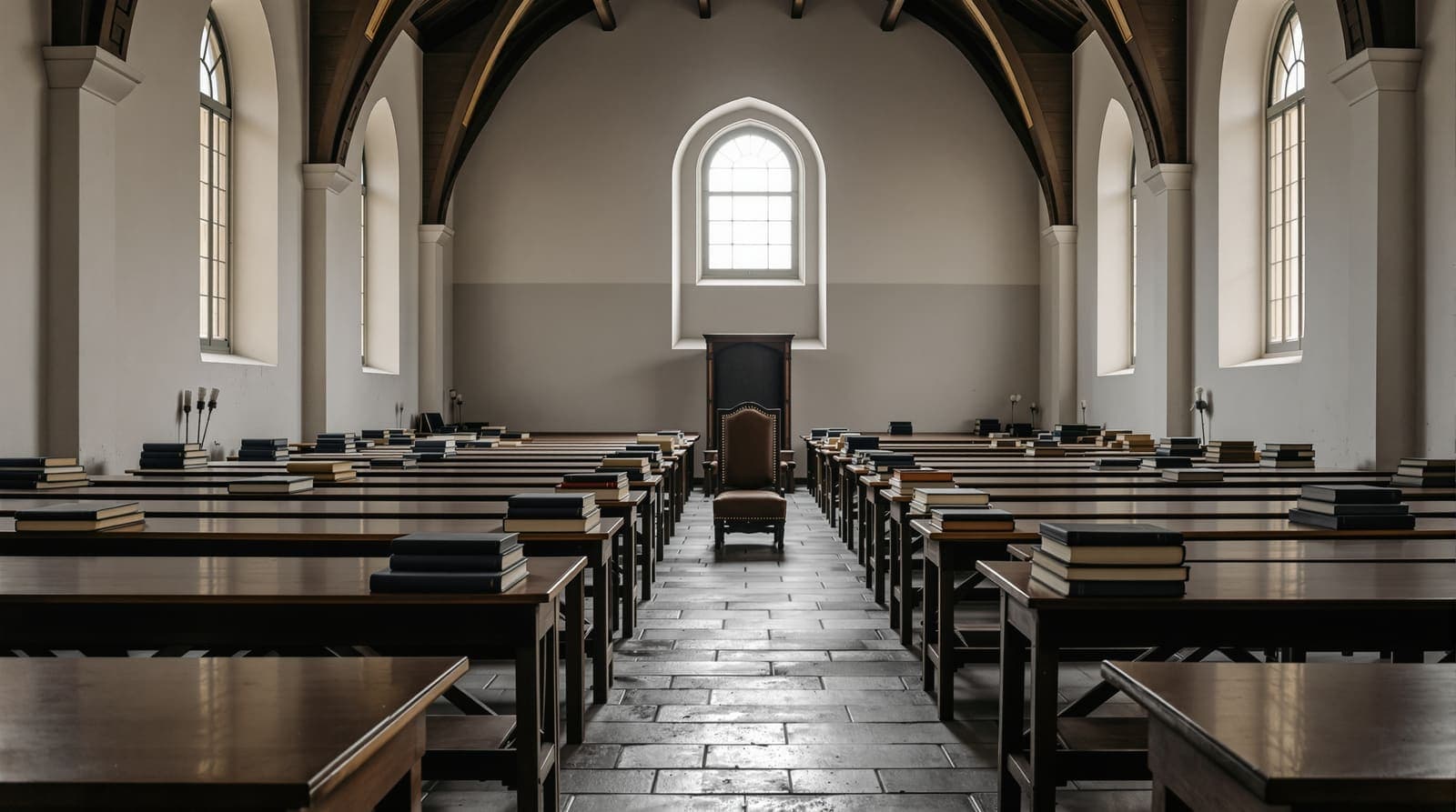 Illustration of an empty ultra-Orthodox study hall at dawn, with wooden tables, closed books and a vacant chair beneath tall windows.