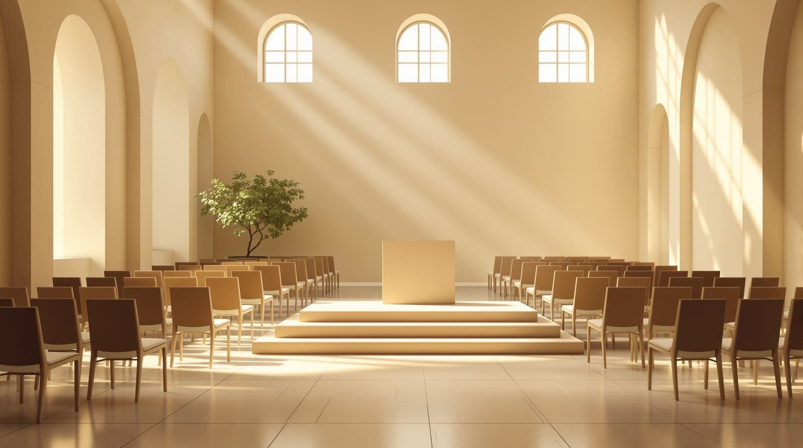 Illustration of an empty ceremonial hall in a Jerusalem stone building, with rows of vacant chairs facing a plain low dais.