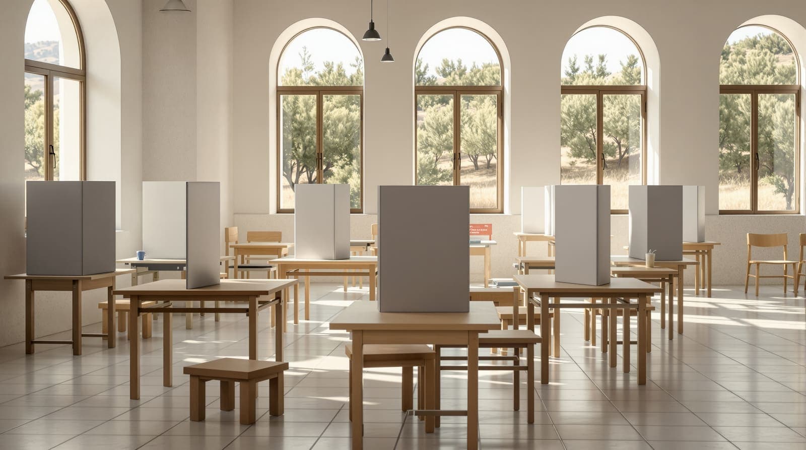 Illustration of an empty polling station in a stone community hall, with ballot boxes on wooden tables in soft morning light.