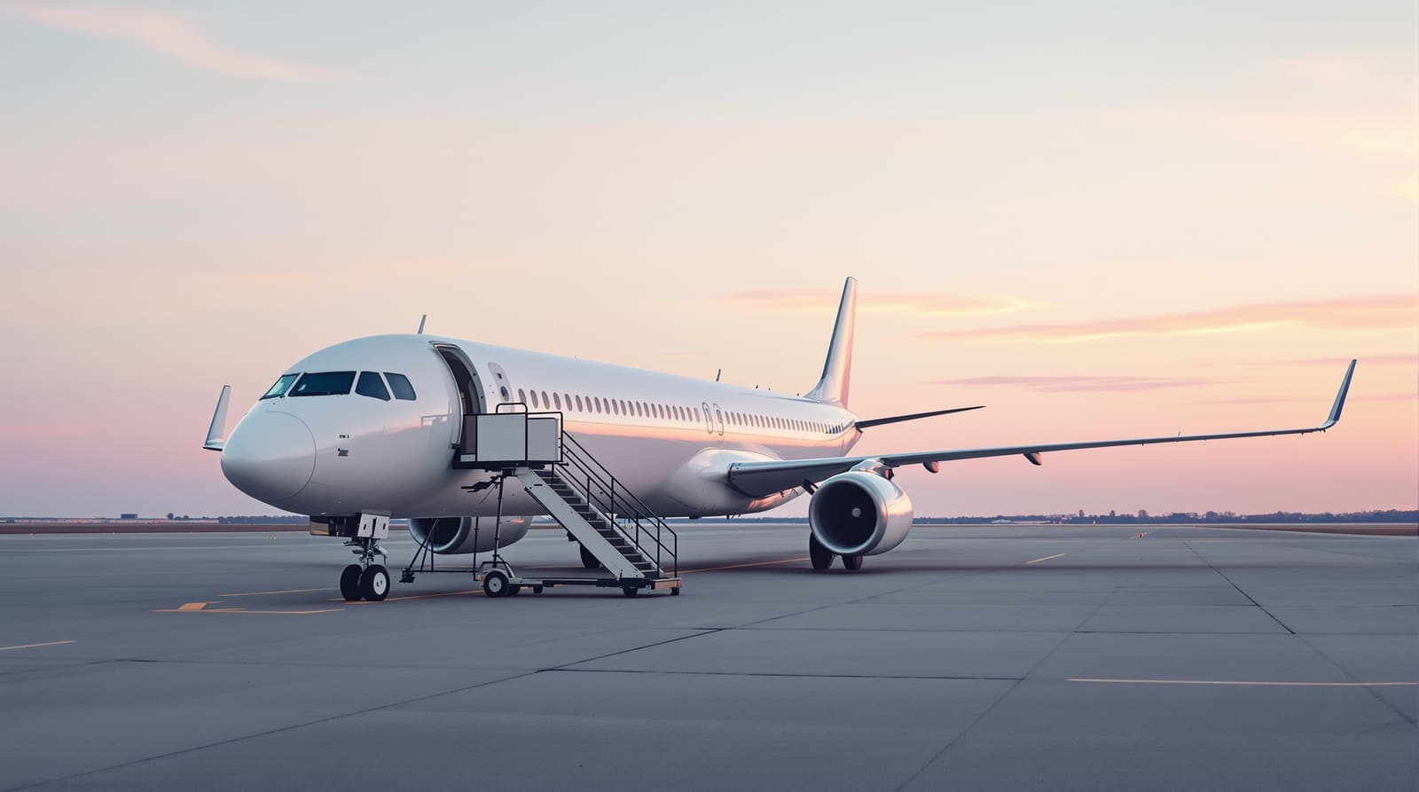 Illustration of a white passenger jet parked on a quiet airport apron beneath a pale dawn sky