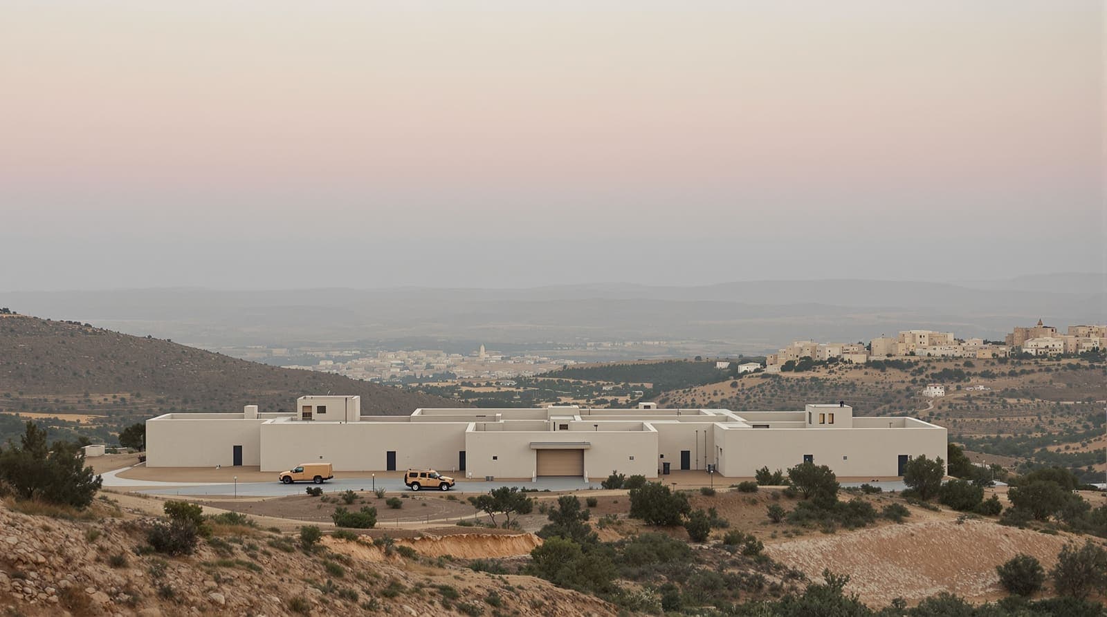 Illustration of a pale concrete army headquarters compound on terraced hills in the Judea and Samaria highlands at dawn