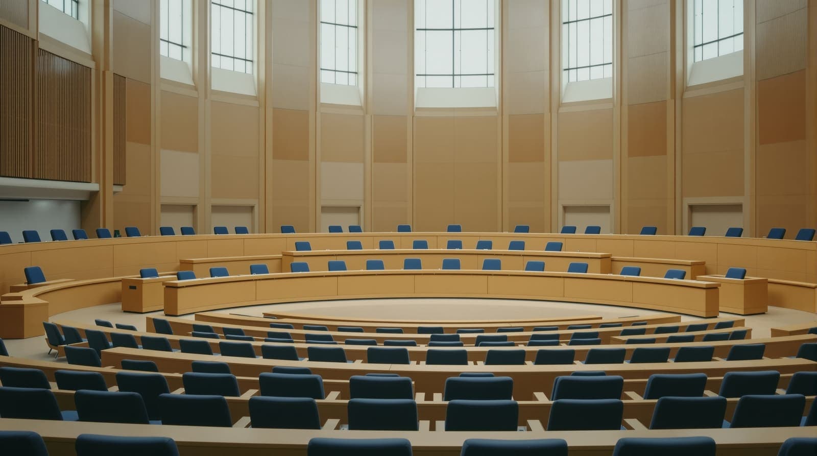 Illustration of an empty international courtroom seen from the public gallery, with a wooden judges' bench and vacant seats in soft daylight.