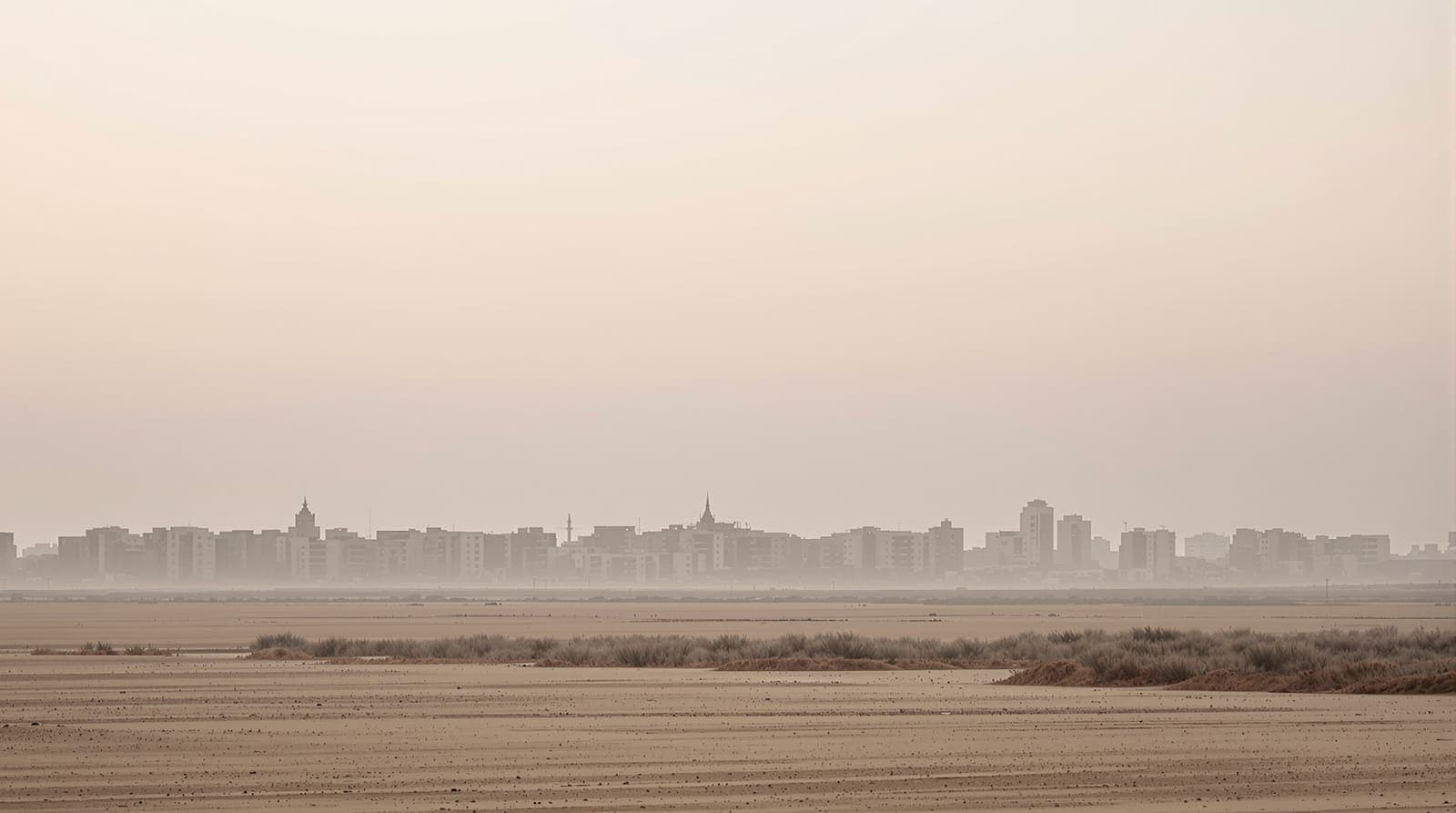 Illustration of the hazy low skyline of central Gaza seen from distant sandy farmland under an overcast dawn sky.