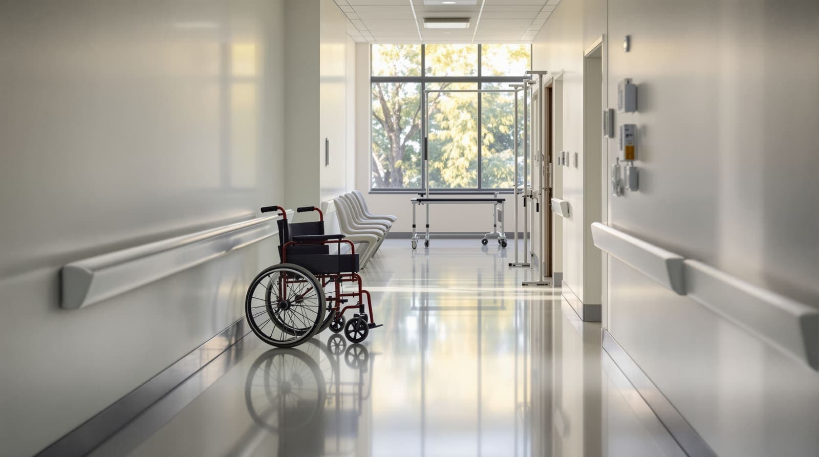 Illustration of a quiet, empty hospital rehabilitation corridor in soft morning light, with a handrail, chairs and a wheelchair.